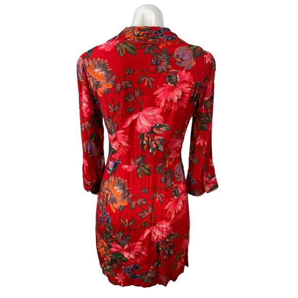 ZARA Women's Red Multicolor Floral 3/4 Sleeve Mini Button Down Shirt Dress Sz XS - Picture 2 of 4